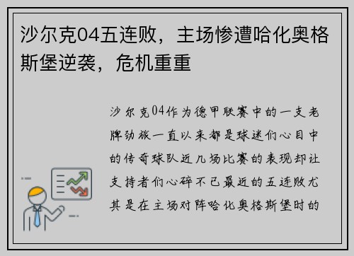 沙尔克04五连败，主场惨遭哈化奥格斯堡逆袭，危机重重